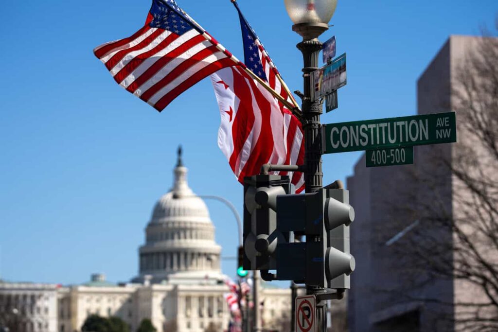 US flag on constitution avenue, Washington DC.
