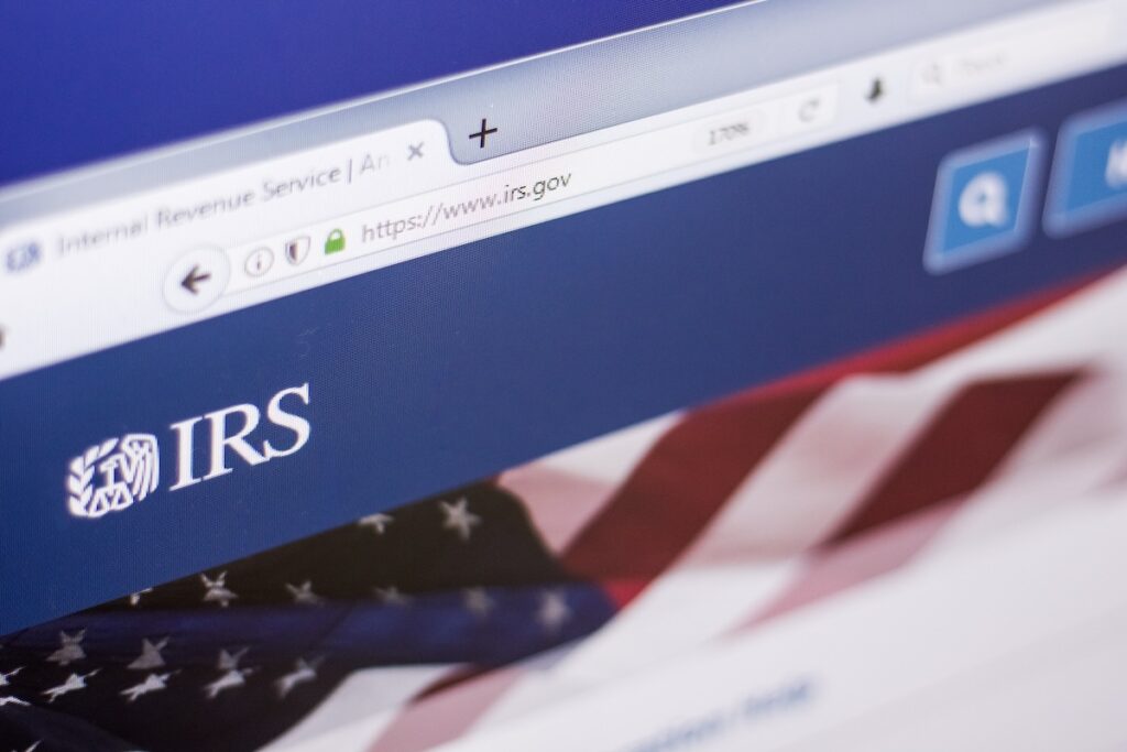 Homepage of Internal Revenue Service website on a display of PC, web address - irs.gov.