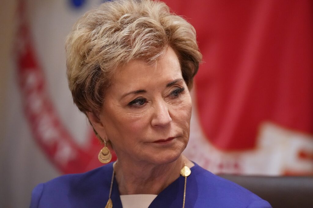 Secretary of Education Linda McMahon, attends a Cabinet meeting at the White House, Wednesday, May 27, 2026, in Washington. (AP Photo/Jacquelyn Martin)