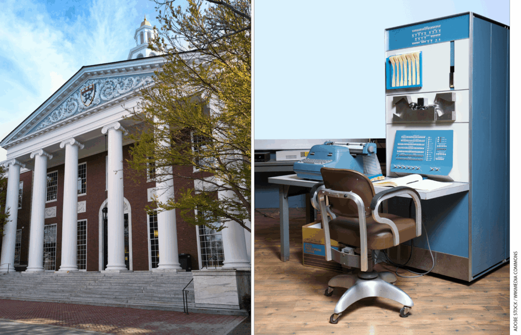 Side-by-side images of Harvard University on the left and a 1959 Digital Equipment Corporation’s PDP-1 minicomputer on the right