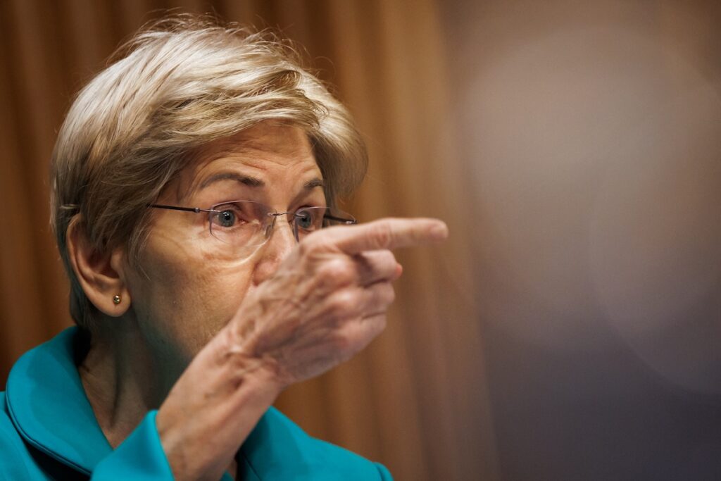 Ranking Member U.S. Sen. Elizabeth Warren (D-MA) questions Russell Vought, the acting Director of the Consumer Financial Protection Bureau, during a Senate Committee on Banking, Housing, and Urban Affairs hearing on July 16, 2026 in Washington, D.C. (Photo by Samuel Corum/Sipa USA)