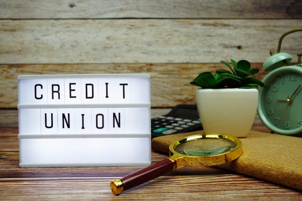 CREDIT UNION letterboard text on LED Lightbox on wooden background. Source: The College Investor