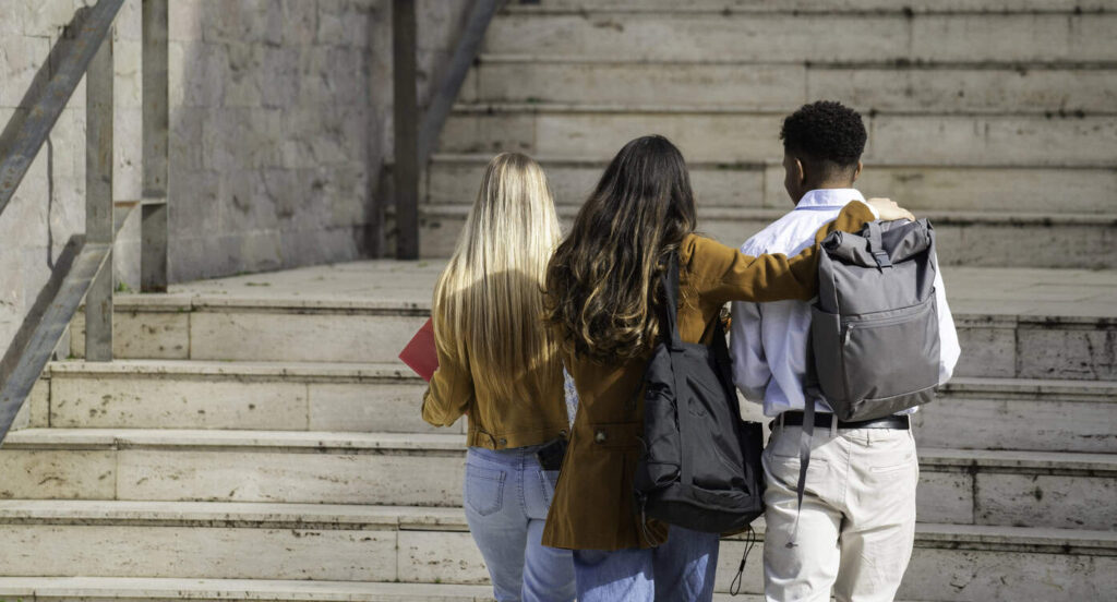 International students walking on campus.