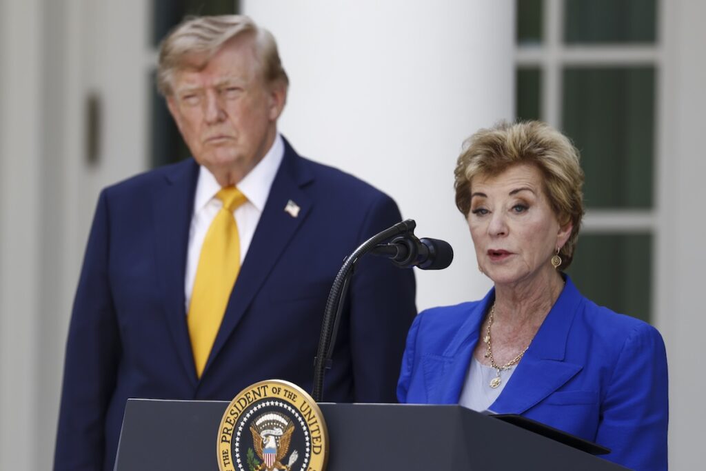Secretary of Education Linda McMahon, with US President Donald Trump, delivers remarks during an education event in the Rose Garden of the White House in Washington DC, USA, 24 August 2026. President Trump and Secretary McMahon highlighted the administration’s school choice program as the new academic year begins.